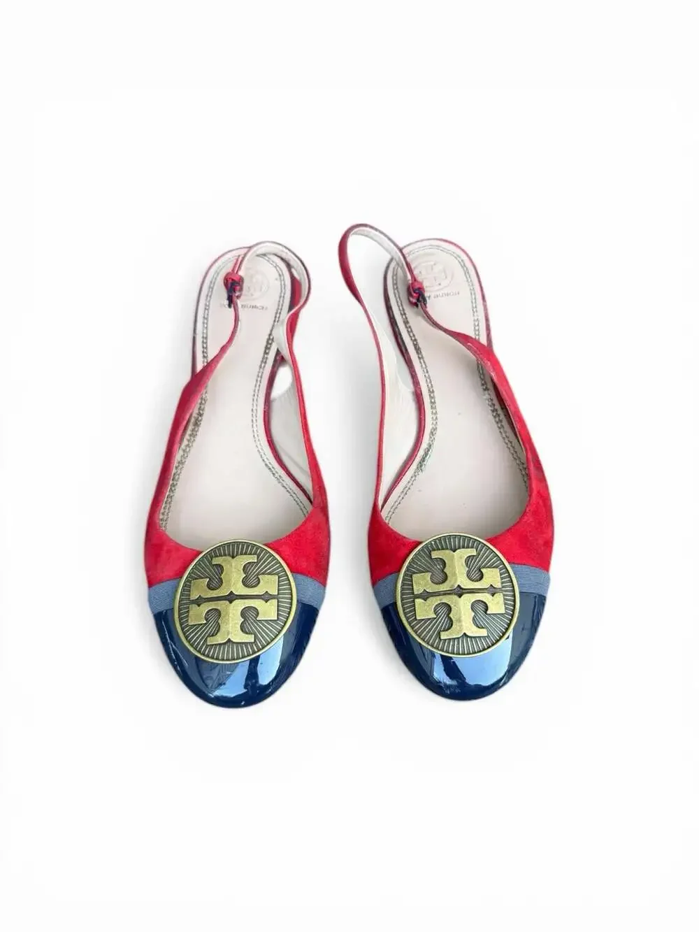 Tory Burch Alastair Slingback Flats Red Suede Navy Patent Cap Toe - Picture 1 of 5